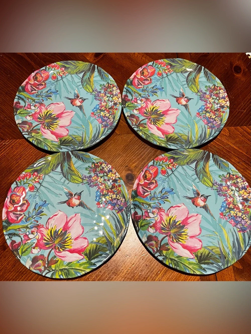 Pier 1 Exclusive Melamine Tropical Hummingbird Floral Plates 8.5 Inch Set of 4